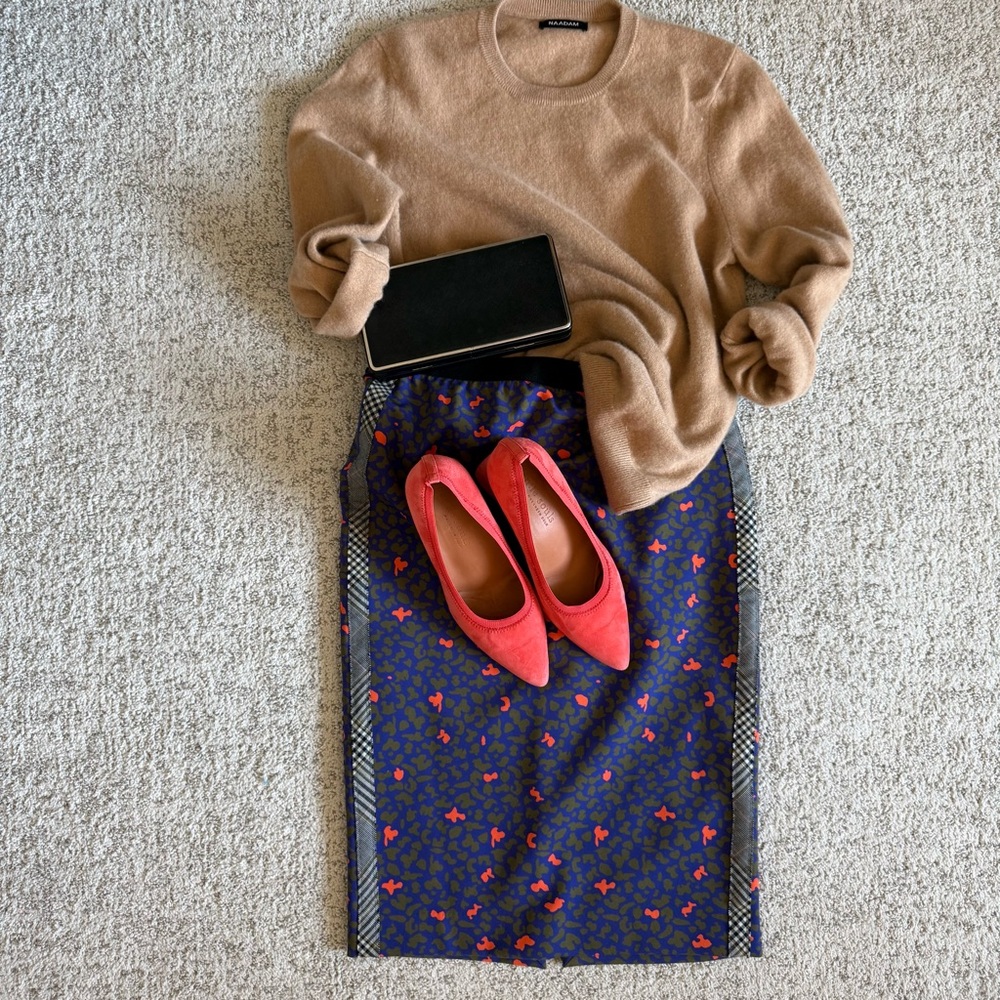 Neutral Cashmere + Statement Skirt Outfit Marc Cain Anthro Vibe